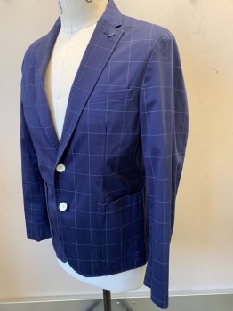 ZARA MAN, Navy Blue, Gray, Cotton, Plaid - Tattersall, Single Breasted, Notched Lapel, Slim Fit, 2 White Buttons, 3 Pockets, No Lining