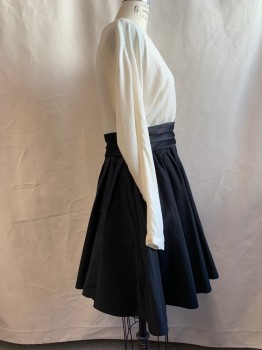 HALSTON, Cream, Black, Polyester, Color Blocking, V-neck, Black Pleated Waist, Pleated Flare Skirt, Dolman Sleeve