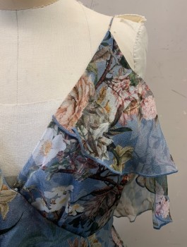 NICHOLAS, French Blue, Multi-color, Silk, Polyester, Floral, V-N, Back Zipper, Ruffle Down Neck and Back, Cream and Beige Floral Pattern