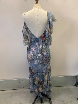 NICHOLAS, French Blue, Multi-color, Silk, Polyester, Floral, V-N, Back Zipper, Ruffle Down Neck and Back, Cream and Beige Floral Pattern