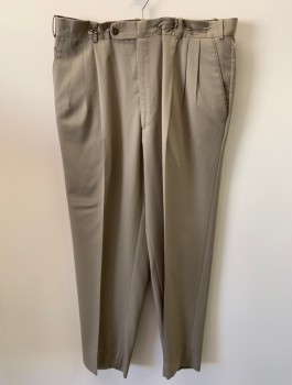 ZINOTTO, Dk Khaki Brn, Wool, Solid, Zip Front, Button Closure, Pleated Front, 4 Pockets, Creased