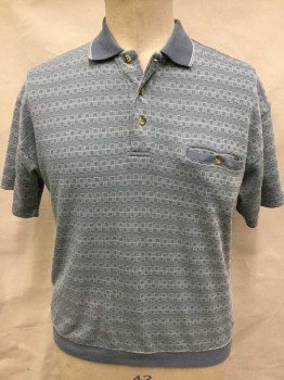 PURITAN, Slate Blue, Off White, Polyester, Cotton, Geometric, Stripes - Horizontal , Slate Blue/gray W/cream Small Square Horizontal Row, Sold Slate Blue W/2 Off White Stripes Collar Attached, 3 Button Front, 1 Pocket, Short Sleeves, Solid Slate Blue Hem