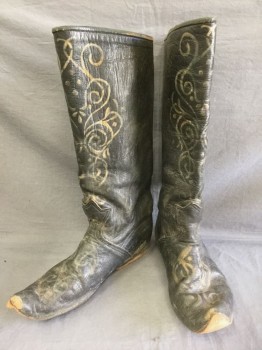 Mens, Historical Fiction Boots , N/L MTO, Faded Black, Gold, Leather, Abstract , 8, Knee-High Black Aged Leather, with Gold Painted Swirls, Pointed Curled Up Toe, Aged/Dirty, Middle Eastern Historical **Very Worn Toes