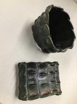 Mens, Sci-Fi/Fantasy Piece 3, M.T.O., Black, Dk Green, Bronze Metallic, Leather, 1 Pair Of Sci Fiction Cuffs, Black with Some Green and Bronze Aging, Reptile Texture