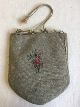 Womens, Purse 1890s-1910s, N/L, Khaki Brown, Pink, Plum Purple, Purple, Green, Wool, Floral, PURSE:  Khaki W/pink,purple,plum,gray,green Floral Needle Work Detail, with Rings and Rope D-string W/baby Blue,pink Tassel Top, Salmon Fabric Lining,