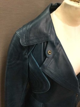Womens, Leather Jacket, JUDIANNA MAKOVSKY, Teal Blue, Leather, Solid, B: 34, Wide Collar & Notched Lapel, Zip Front, 2 Pockets, Raw Edges, Zip Cuffs
