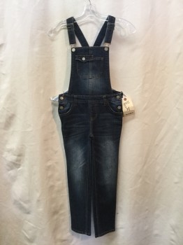 Childrens, Overalls, CHEROKEE, Denim Blue, Cotton, Synthetic, Solid, M, Blue Denim, Slightly Faded,