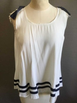 PUCCINI, White, Navy Blue, Rayon, Solid, Stripes, Sleeveless Tank Top, with Navy 3D Bows at Shoulders, 2 Navy Stripes at Hem,