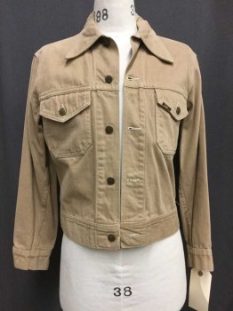 Mens, Jean Jacket, Lee, Tan Brown, Cotton, Synthetic, Solid, M, Tan, Button Front, Collar Attached, 2 Flap Pockets