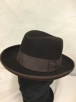 Mens, Homburg, Golden Gate , Brown, Wool, Solid, 7 1/8, 1 3/4" Grosgrain Band/bow and Edge Trim, Some Scattered Light Spots Double,