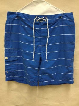 J. CREW, Teal Blue, White, Polyester, Stripes - Horizontal , Teal Blue W/white Horizontal Stripes, 1-1/2"  Waistband, W/white,blue D-string Cord, 1 Pocket W/flap