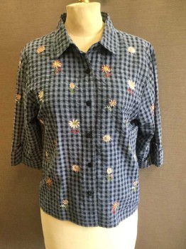 TEDDI, Navy Blue, Lt Blue, Pink, White, Green, Cotton, Polyester, Check , Floral, Navy/Lt Blue Check with Multi Color Floral Embroidery, Button Front, Collar Attached, 3/4 Tabbed Cuff Sleeve