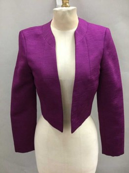 KASPER, Magenta Purple, Polyester, Solid, Band Collar, Open Front, Crop, Self Striated