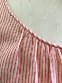 Womens, 1960s Vintage, Dress, N/L, Tomato Red, Cream, Cotton, Stripes - Vertical , Short Sleeve,  Round Neck,  Darts At Waist, Self Piping Trim, Zipper At Center Back, Hem At Knee,