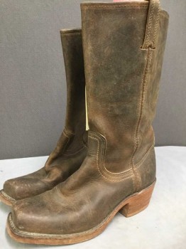 FRYE, Tobacco Brown, Leather, Solid, Oiled Look, Mid Calf, Square Toe, Stack Heel