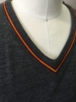 N/L, Gray, Wool, Polyester, Solid, Harry Potter Sweater, Gray, V-neck, Red/yellow Stripe Around Collar/Waist, Ribbed Knit Neck/Cuff/Waistband, Multiples,