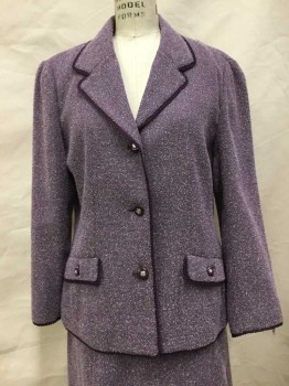 SAG HARBOR, Purple, Lilac Purple, White, Blue, Red, Polyester, Rayon, Herringbone, Notched Lapel, 3 Buttons,  Single Breasted, 2 Pockets With Flaps W/ Purple Trim. Herringbone Tweed With Flecks Of Red, Blue, & Yellow