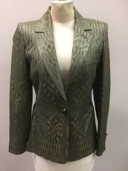 ETRO, Olive Green, Gold, Synthetic, Geometric, Single Breasted, 1 Button, Collar Attached, Notched Lapel, 3 Pockets, Side Slits