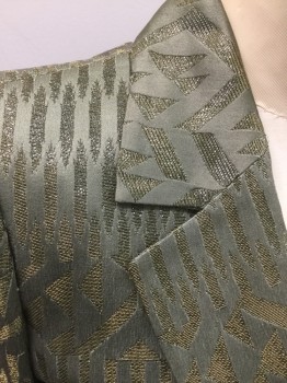 ETRO, Olive Green, Gold, Synthetic, Geometric, Single Breasted, 1 Button, Collar Attached, Notched Lapel, 3 Pockets, Side Slits