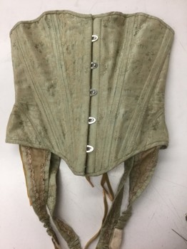 N/L, Lt Green, Beige, Silk, Abstract , Pale Green with Beige Swirls, Busk Front, Lace Up Back, Attached Garter Straps at Hem