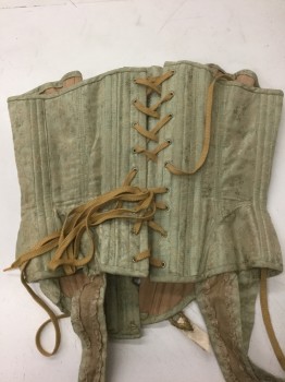 Womens, Historical Fiction Corset, N/L, Lt Green, Beige, Silk, Abstract , W:22+, Pale Green with Beige Swirls, Busk Front, Lace Up Back, Attached Garter Straps at Hem