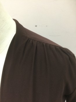 ALLEN BY A.B.S., Dk Brown, Polyester, Spandex, Solid, Long Sleeves, Deep V-neck, Knotted at Center Front Waist, Ruched at Shoulder Seams, A-Line Bias Cut Skirt, Knee Length