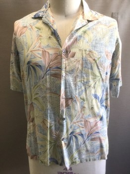 KONA KAI TRADING CO, Multi-color, Sage Green, Beige, Cream, Blue, Cotton, Viscose, Hawaiian Print, Tropical , Pastel Hawaiian Flowers & Leaves Pattern, Short Sleeve Button Front, Collar Attached, 1 Patch Pocket