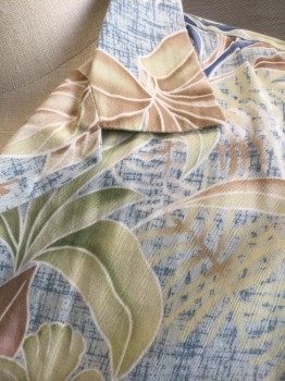 KONA KAI TRADING CO, Multi-color, Sage Green, Beige, Cream, Blue, Cotton, Viscose, Hawaiian Print, Tropical , Pastel Hawaiian Flowers & Leaves Pattern, Short Sleeve Button Front, Collar Attached, 1 Patch Pocket