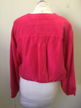KRISS KROSS, Fuchsia Pink, Silk, Solid, Button Front, V-neck,  Elastic Waist, Elastic Cuffs, Back Yoke, 2 Pockets