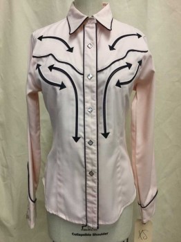 Womens, Shirt, ROPER, Baby Pink, Navy Blue, Polyester, Cotton, B34, XS, W30, Baby Pink, Navy Piping Trim, Snap Front Collar Attached, Long Sleeves,