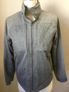 TUNELLUS, Heather Gray, Polyester, Rayon, Solid, Zip Front, Stand Up Collar with Hidden Hood, Zip Pockets, Patch Pocket,