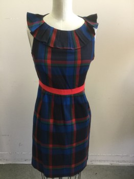 MARC JACOBS, Blue, Red, Green, Black, Silk, Wool, Plaid, Pleated Ruffled Neck, Red Grosgrain Waist Band, Pleated Skirt