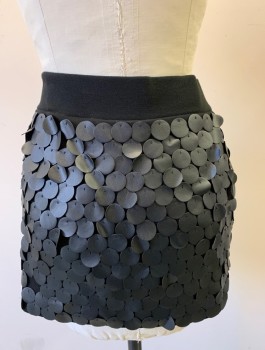H&M, Black, Viscose, Polyester, Solid, Pleather Circles in Paillette/Sequin Like Pattern, Over Jersey Knit,  2" Wide Waistband
