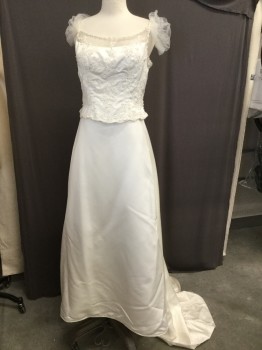 Womens, Wedding Gown, NL, Antique White, Polyester, Nylon, Solid, Floral, W:32, B:38, Satin A-line , Faux Top and Skirt, One Piece, Spaghetti Straps with Beading and Sequins, Tulle Cap-sleeves Running Along Back, Bodice Has Lace with Beading and Sequin Floral Applique, Solid Skirt, Train with Pleated Detail at Bottom and Floral Applique