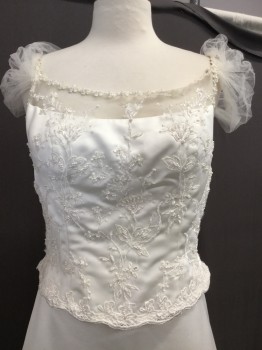 Womens, Wedding Gown, NL, Antique White, Polyester, Nylon, Solid, Floral, W:32, B:38, Satin A-line , Faux Top and Skirt, One Piece, Spaghetti Straps with Beading and Sequins, Tulle Cap-sleeves Running Along Back, Bodice Has Lace with Beading and Sequin Floral Applique, Solid Skirt, Train with Pleated Detail at Bottom and Floral Applique