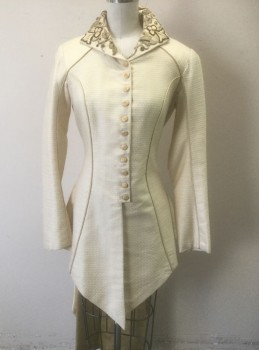 Womens, Historical Fiction Jacket, N/L MTO, Cream, Beige, Gray, Cotton, Silk, Solid, W:28, B:32, Geometric Textured Material, Beige/Gray Floral Appliqués on Collar, Satin Piping, Small Fabric Buttons with Gold Filigree Detail, Pleated Vent with Train in Back, Late 1800's Made To Order Reproduction