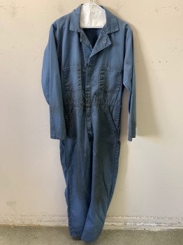 Mens, Coveralls/Jumpsuit, CCR, Dusty Blue, Polyester, Cotton, Solid, 38, Zipper Front with Snap, Aged/Distressed,