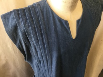 Mens, Historical Fiction Tunic, MTO, Cornflower Blue, Gold, Cotton, Solid, 42, Pull Over, Cap-sleeve, Slit Round Neck, Vertical Knife Pleats and Gold Embroidery Front and Back, Kick Pleats Both Sides From Waist to Hem, Raw Edge Hem, Heavy, Mended Shoulder