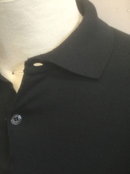 JOHN SMEDLEY, Black, Wool, Solid, Knit, Short Sleeves, Collar Attached, 2 Button Placket, Has a Double