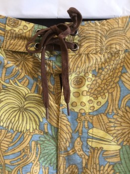 MOLLUSK, Slate Blue, Yellow, Goldenrod Yellow, Brown, Green, Cotton, Nylon, Abstract , Floral, Mute/faded, 1.5" Waistband with Brown Lacing, Velcro Zip Fly, 1 Pocket with Flap Back