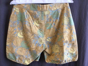 MOLLUSK, Slate Blue, Yellow, Goldenrod Yellow, Brown, Green, Cotton, Nylon, Abstract , Floral, Mute/faded, 1.5" Waistband with Brown Lacing, Velcro Zip Fly, 1 Pocket with Flap Back