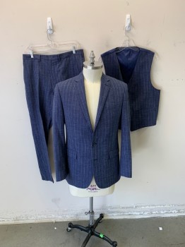 RYAN SECREST, Blue, White, Wool, Polyester, Heathered, Stripes - Shadow, Button Front, 2 Back Vents,