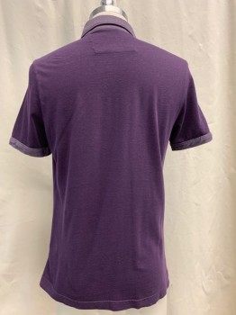 BANANA REPUBLIC, Plum Purple, Cotton, Polyester, Heathered, Color Blocking, Button Down Collar, 3 Button Placket, Short Sleeves, Light Plum Collar and Cuffs