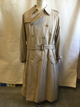 BURBERRY, Tan Brown, Cotton, Solid, Double Breasted, Collar Attached, Epaulets, Raglan Long Sleeves, Belted Cuffs, Self Buckle Belt, Back Vented Yoke, Gusset Center Back Vent, Storm Shoulder Flap *Missing Liner*