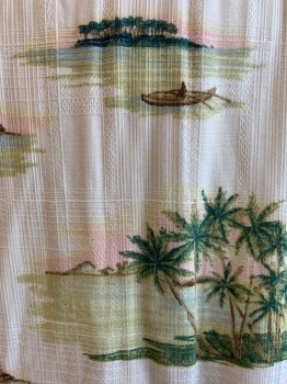 CARIBBEAN, White, Green, Lt Pink, Brown, Rayon, Hawaiian Print, White Base with Island Landscape Print in Greens, Browns and Pale Pink. 1pocket