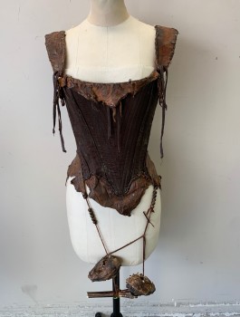 Womens, Sci-Fi/Fantasy Corset, N/L MTO, Brown, Cotton, Leather, W24-27, S, Made To Order, Aged Woven Cotton with Leather 2" Wide Straps and Edges, Boned Structure, Square Neck, Rough Hewn Hand Stitching, Lace Up in Back, Straps at Hem with Beads and Real Animal Skulls, Made To Order Barbarian Mad Max Style