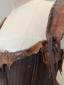 Womens, Sci-Fi/Fantasy Corset, N/L MTO, Brown, Cotton, Leather, W24-27, S, Made To Order, Aged Woven Cotton with Leather 2" Wide Straps and Edges, Boned Structure, Square Neck, Rough Hewn Hand Stitching, Lace Up in Back, Straps at Hem with Beads and Real Animal Skulls, Made To Order Barbarian Mad Max Style