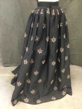 PORRO, Black, Silver, Silk, Floral, 2" Waistband, Silver with Pink Tones Floral Beading, Back Hook & Eye Closure, Overskirt with Cartridge Pleats, Front Black Cotton Ruffle with Black Velvet Stripe, Under Layer More Heavily Beaded, Black Cotton Drawstring Underskirt