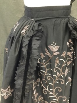 PORRO, Black, Silver, Silk, Floral, 2" Waistband, Silver with Pink Tones Floral Beading, Back Hook & Eye Closure, Overskirt with Cartridge Pleats, Front Black Cotton Ruffle with Black Velvet Stripe, Under Layer More Heavily Beaded, Black Cotton Drawstring Underskirt