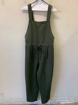 Womens, Overalls, ZARA, Dk Olive Grn, Polyester, Elastane, Solid, M, Overalls, Elastic Waist, Drawstring, Pleated Front